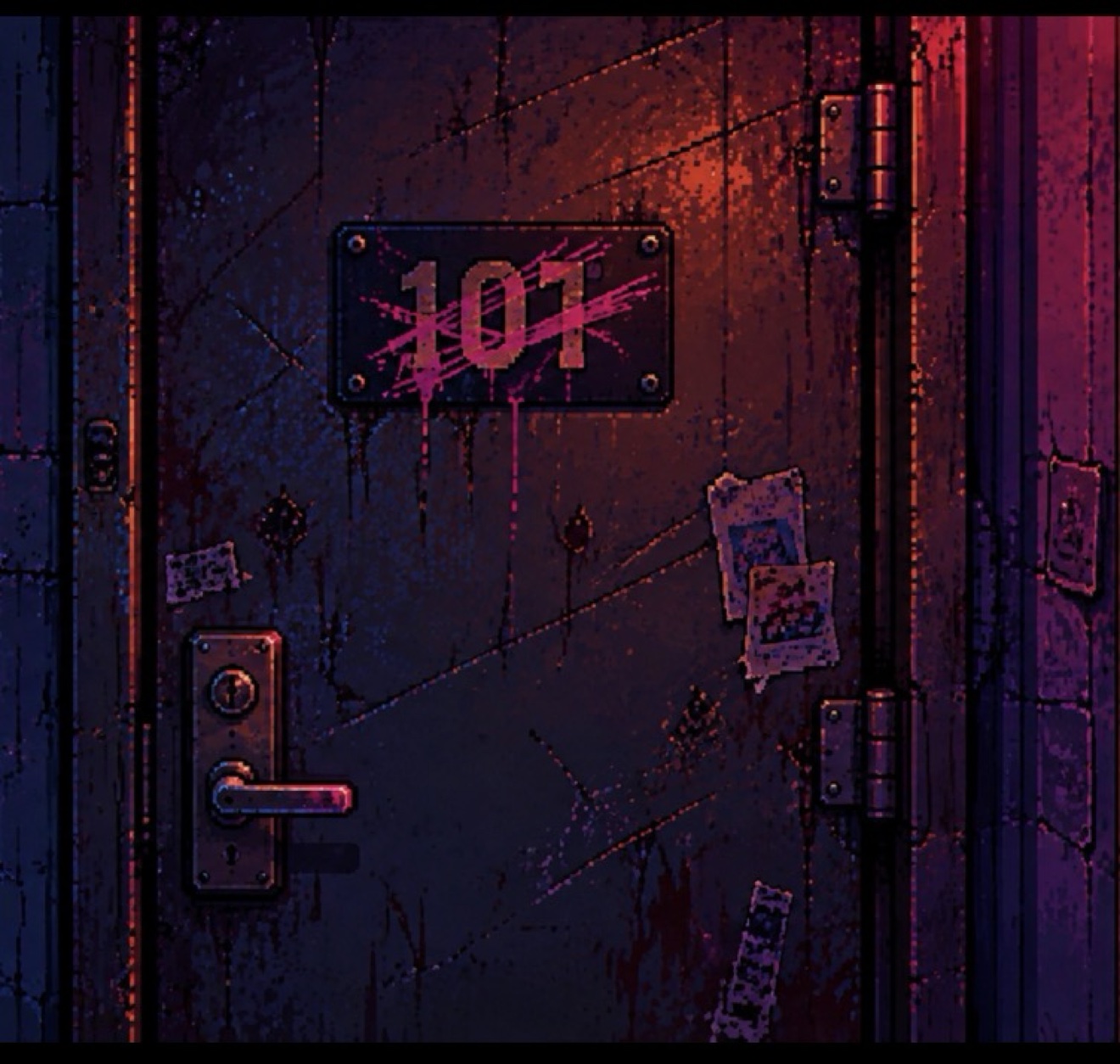 First-person view of a battered closet door with 101 scratched across its metal number plate