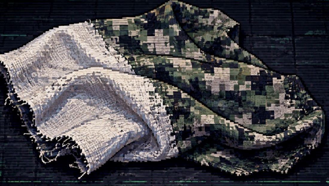 White fabric fraying into green and black digital camouflage