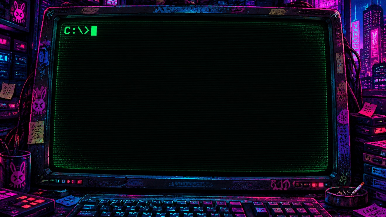 Old CRT computer monitor glowing green in Puck's neon-lit hideaway