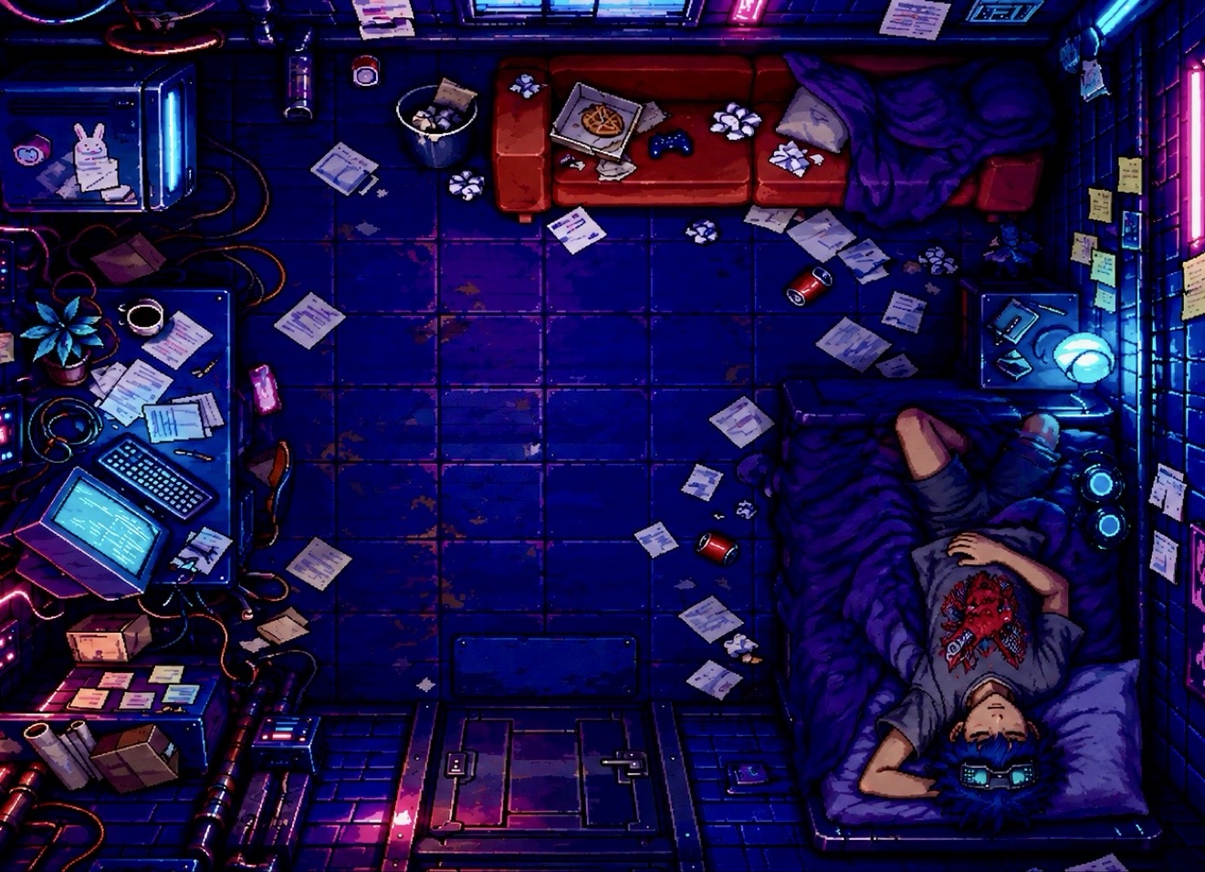 Puck asleep in bed before the dream begins