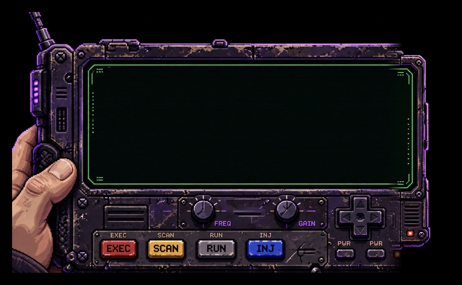 Puck holding his complete battered cyberdeck with its green monochrome screen, d-pad, screws, and right-side vents fully visible