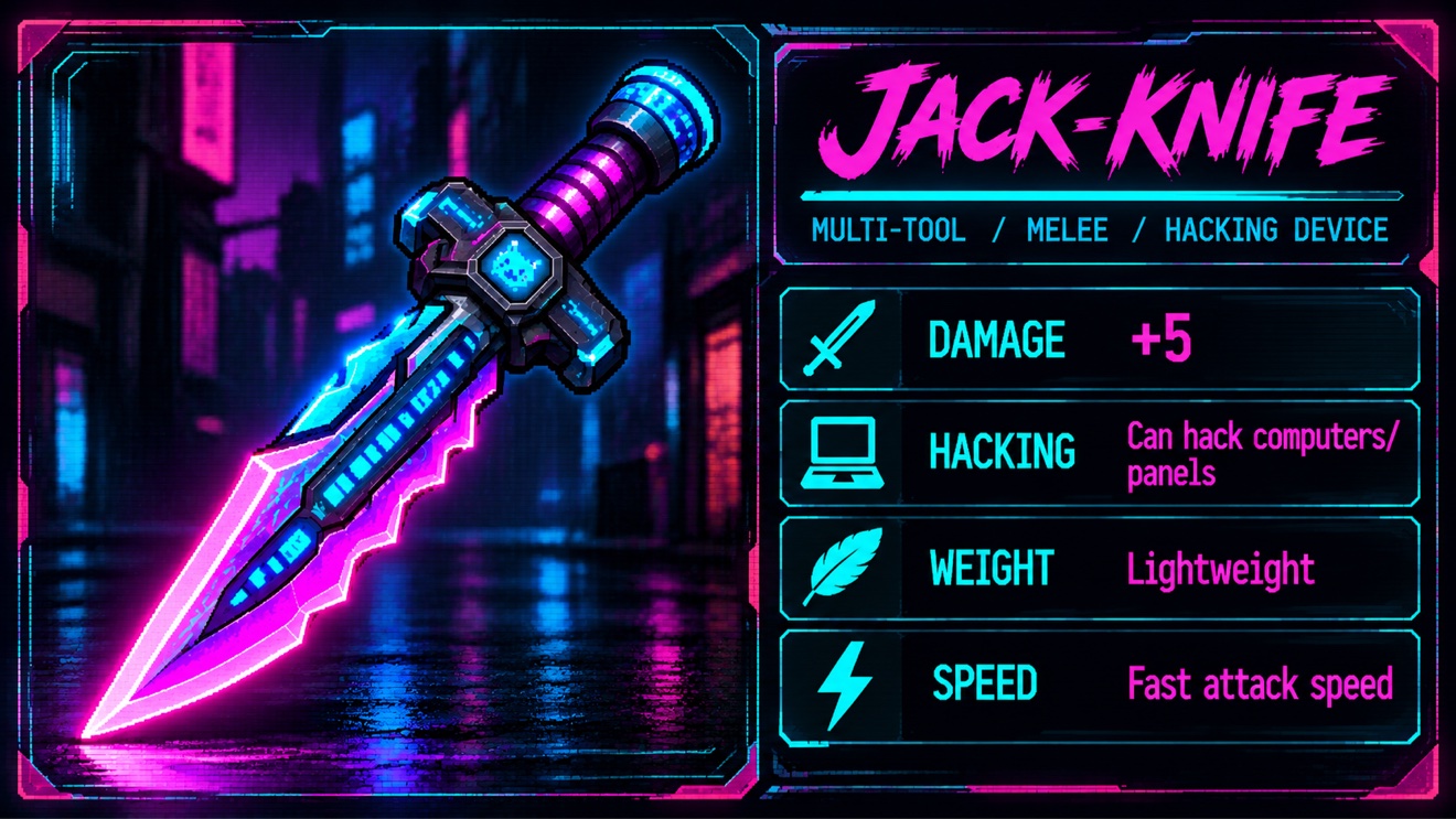 Jack-Knife weapon stat screen showing damage, damage type, bleed chance, and cyberdeck interface utility