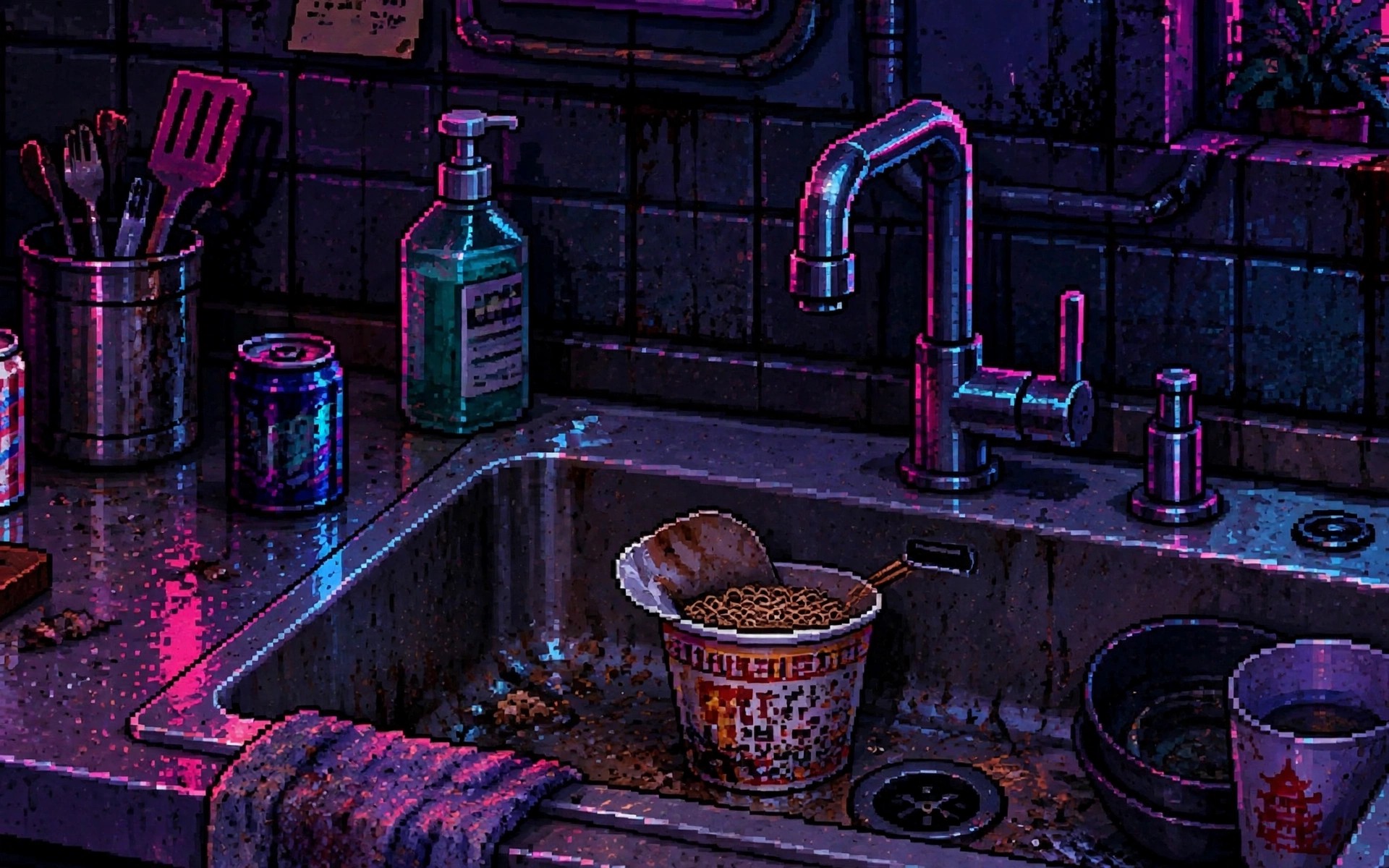 Cold ramen left unfinished beneath a dripping faucet in Milo's neon-lit sink