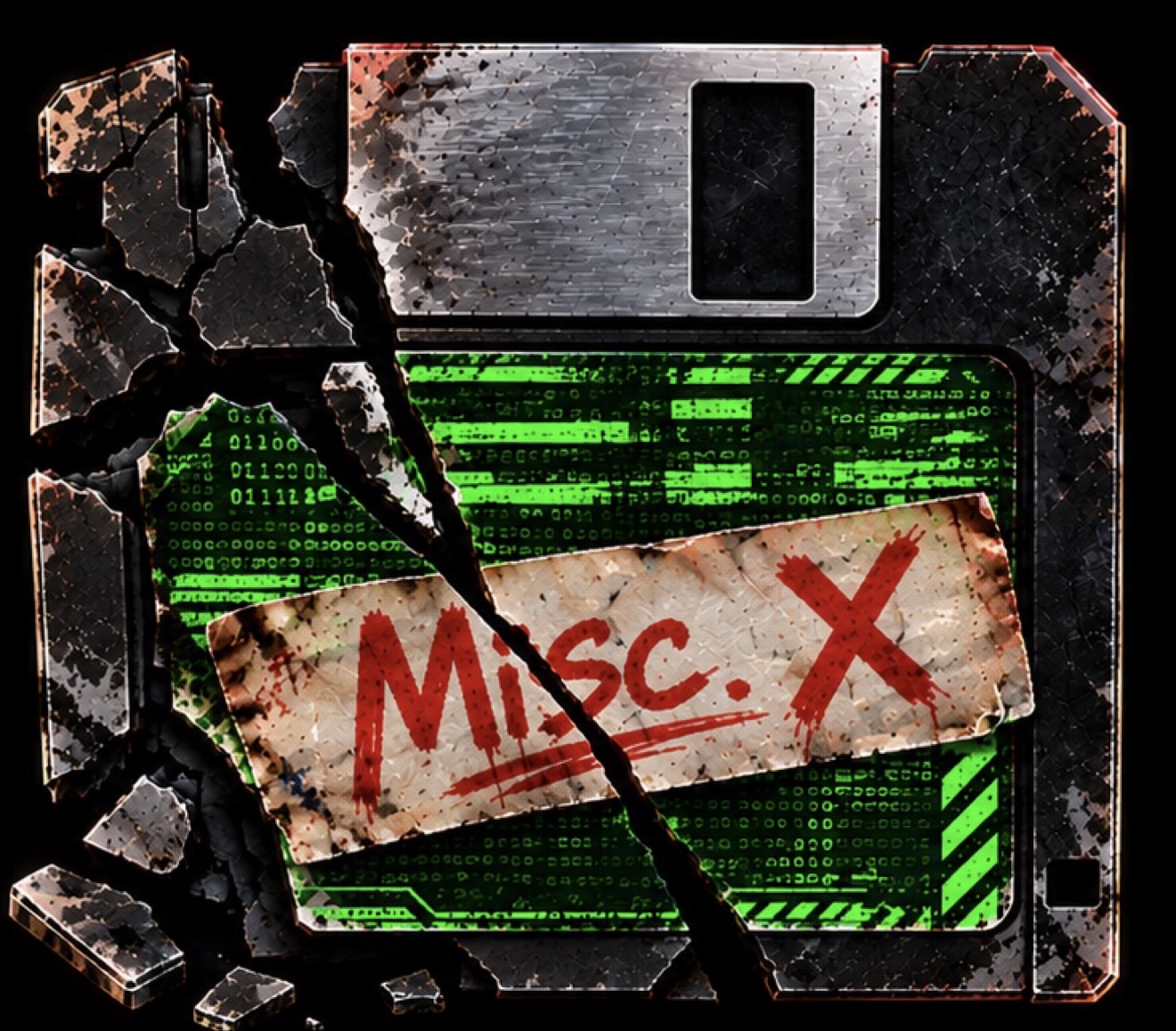 Broken black and silver data disk with green circuitry and a handwritten Misc. X label