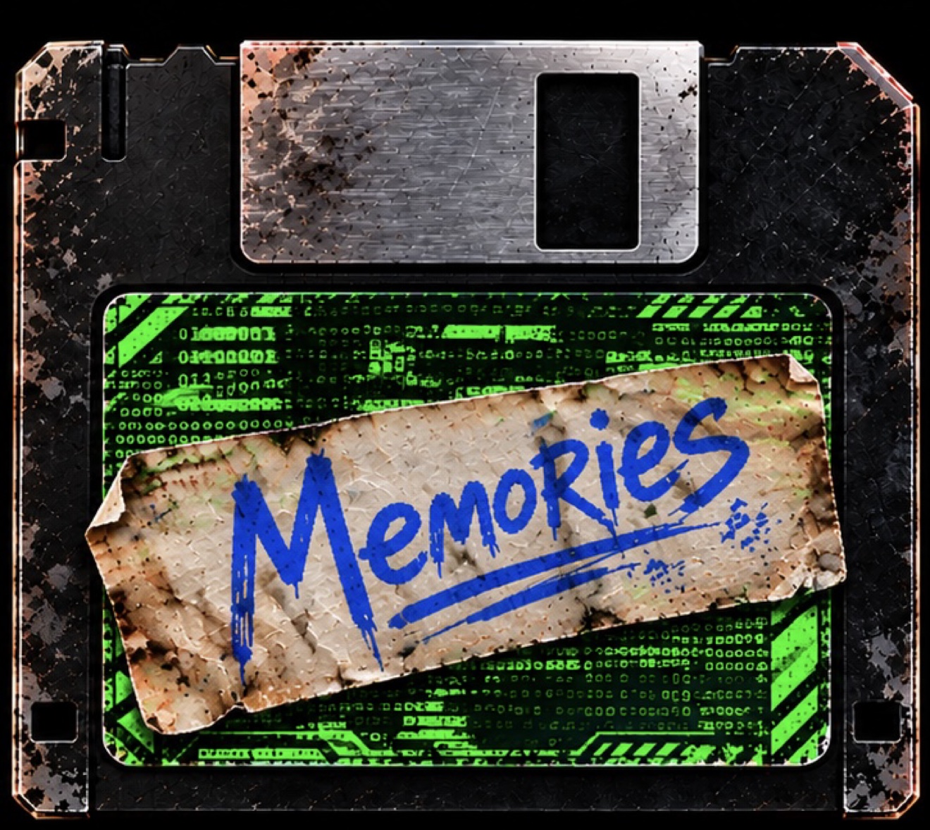 Black and silver data disk with green circuitry and Memories handwritten in blue