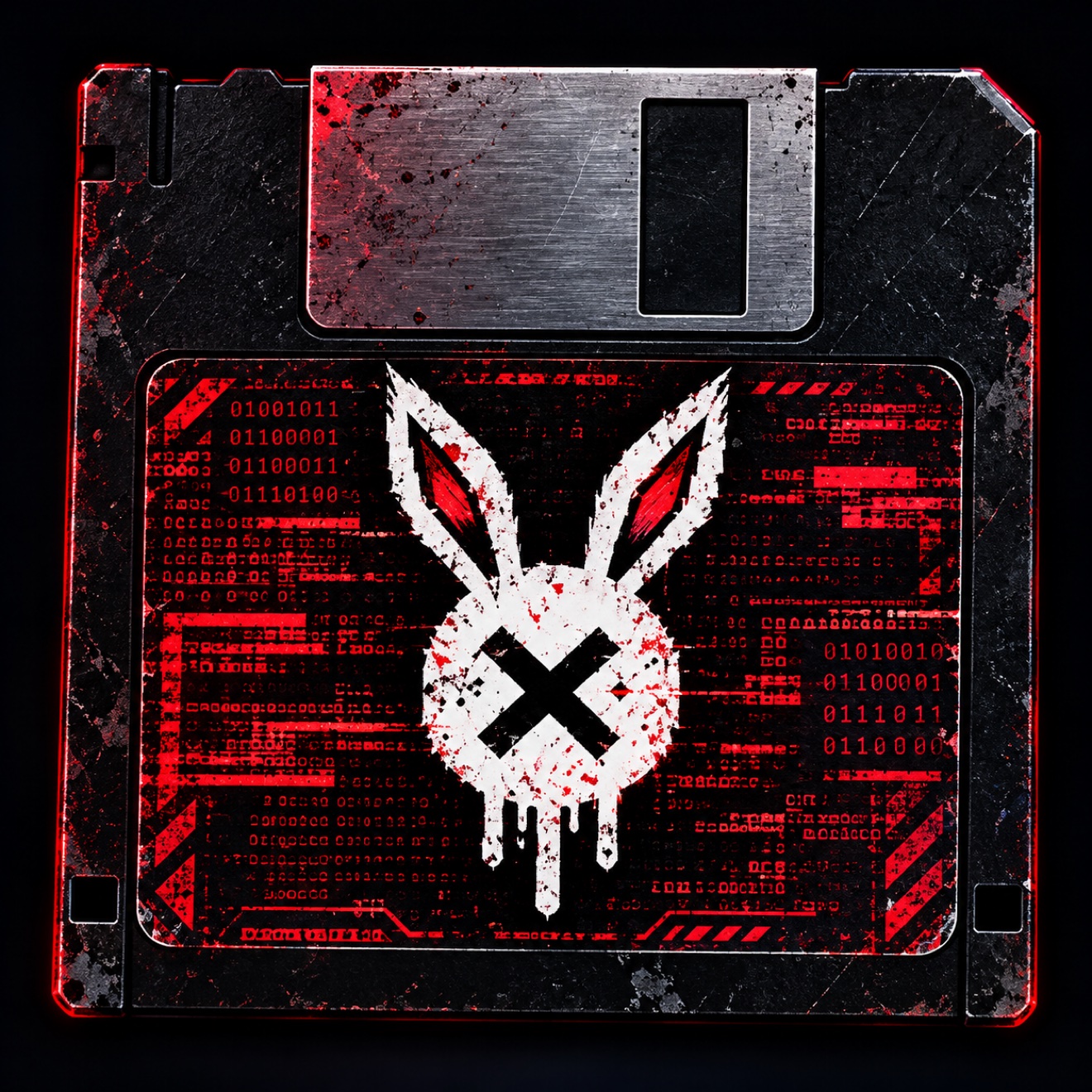 Blood-marked 3.5-inch floppy disk bearing a white rabbit symbol