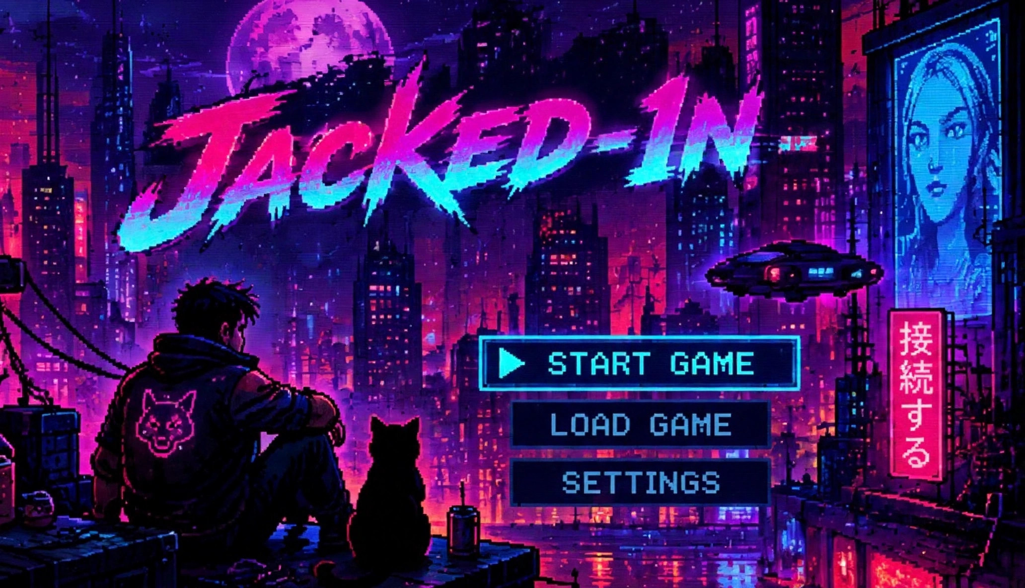 Neon Static City skyline, with Jak-B1t and a cat on a rooftop