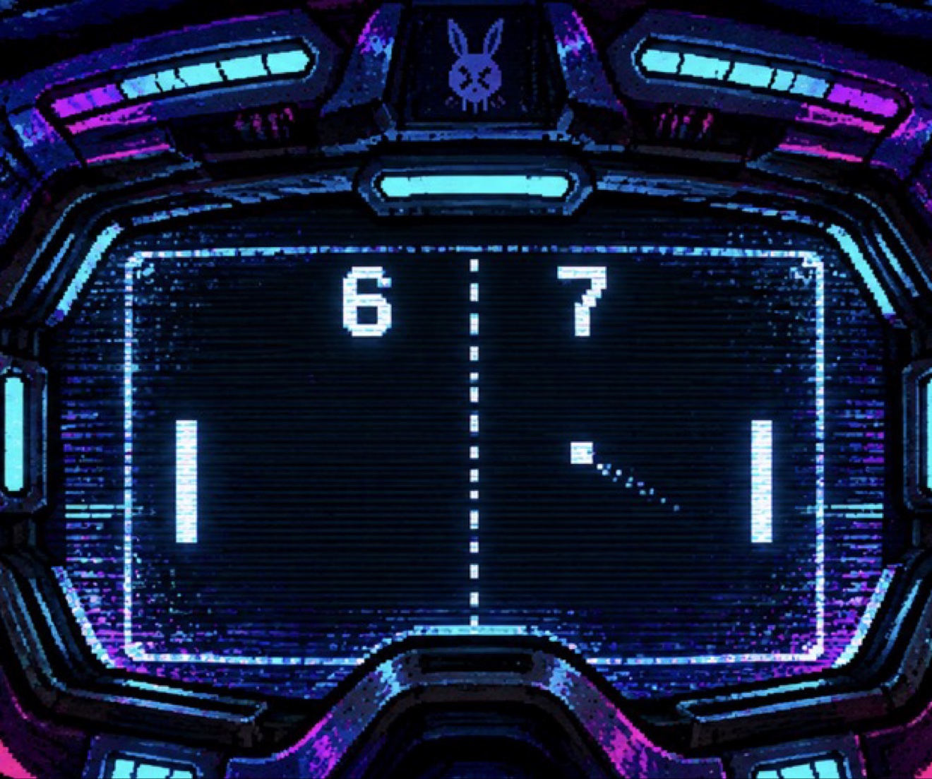 First-person VR view of two players playing Pong, with a score of 6 to 7